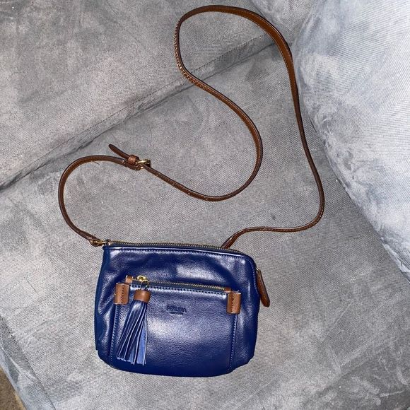Perlina Navy Blue Leather with Brown Straps Crossbody Purse - Picture 1 of 9